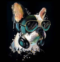 Francia Bulldog Akvarell Portré Fejhallgatóval. Kutya Zenehallgatás.Grafikus Design Póló.
