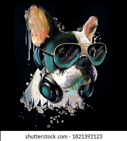 French Bulldog Watercolor Portrait With A Headphones.Dog Listening To Music.Graphic Design For T Shirt.
