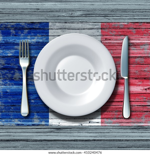 古い田舎の木のテーブルにナイフとフォークを置き 3dイラストを使ったパリの伝統的な食べ物のアイコンとしてフランスの国旗を付けたフランス料理 の食べ物のコンセプト のイラスト素材