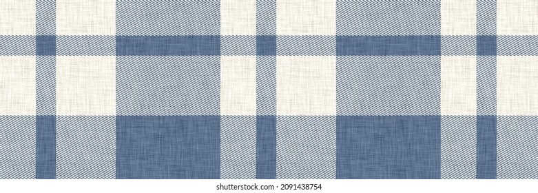 French farmhouse blue plaid check seamless border pattern. Rustic tonal country kitchen gingham fabric effect. Tartan cottage 2 tone background ribbon trim edge.