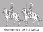 French heavy cavalry - Carabiniers. Mounted soldier of the Napoleonic army. Historical drawing to color in.