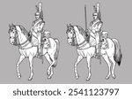 French heavy cavalry - cuirassier. Mounted soldier of the Napoleonic army. Historical drawing to color in.	