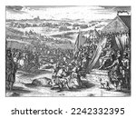The French king Philip IV the Fair defeats the count of Flanders at Veurne (Furnes) in 1296. The print shows the battle, the fleeing armies of Guy van Dampierre, the count of Flanders.