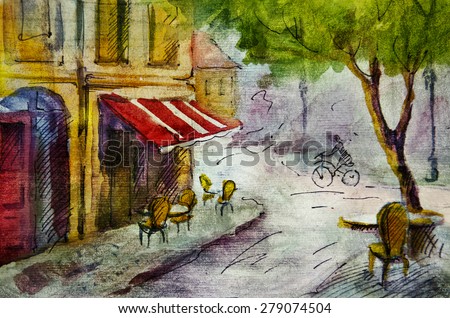 French outdoor european cafe painting, graphic drawing in color