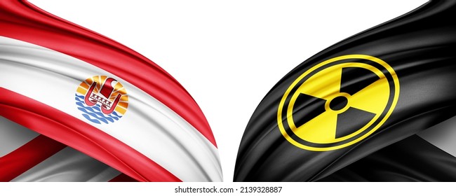 French Polynesia Flag Of Silk And Nuclear Radiation Symbol-3D Illustration