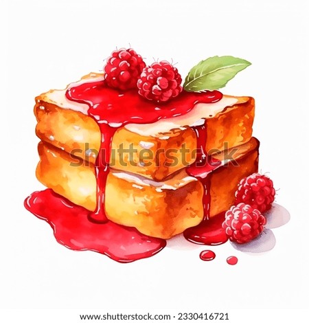 French toast with raspberries  and mint isolated watercolor illustration on the white background 