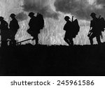 French troops moving up to the front lines in France. WWI Yorkshire regiment rotates to the front trenches, relieving soldiers who have completed their turn in dangerous battle position. 1914-1918.