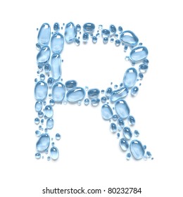 Fresh alphabet of water drops. The letter R. Isolated on white