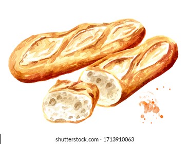 Fresh Baguette Whole And Cut In Half, French Bread. Hand Drawn Watercolor Illustration, Isolated On White Background