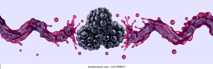 Fresh Blackberry Juice, Smoothie Or Jam Splash 3D Swirls With Juicy Blackberries. Tasty Berry Juice Splashing, Blackberry Juice Isolated. Liquid Healthy Food Or Detox Drink Fruit Design. Clipping Path