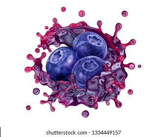 Fresh Blueberry Juice, Smoothie Or Jam Splash Swirl With Blueberries. Tasty Berry Juice Splashing, Blueberry Juice Isolated. Liquid Healthy Food Or Drink Fruit Design Element. Clipping Path. 3D Render