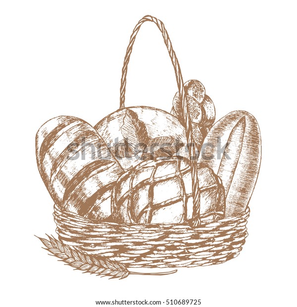 Fresh Bread Basket Hand Draw Sketch Stock Illustration 510689725