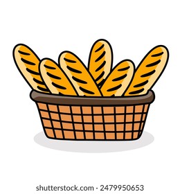 Fresh breads in a basket, a healthy meal icon.  French baguette with loaves of freshly baked bread. Vector illustration of homemade pastries, France breads, Food and drink - Powered by Shutterstock