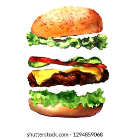 Fresh Burger Ingredients, Tasty Hamburger, Fresh Burger With Lettuce, Cheese, Tomato, Meat, Cucumber, Bun, Fast Food, Isolated, Hand Drawn Watercolor Illustration On White Background