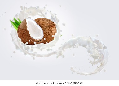 Fresh Coconut Milk Wave 3D Splash With Coconuts Isolated. Glossy Shining Vegetarian Milk, Smoothie, Non Dairy Natural Coconut Milk, Cream, Cosmetic Soap Splash. Liquid Splash Label Ad Design Element