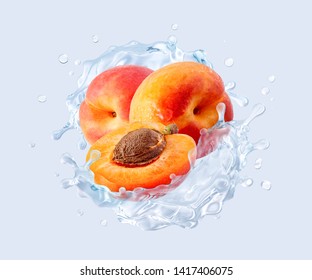 Fresh cold pure apricot water with apricots and waves 3D splash. Peach water cocktail wave swirl. Healthy flavored detox drink splash design elements with ripe apricots, peaches, water. Clipping path