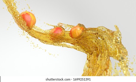 Fresh cold  pure  apricots and waves splash. Peach water or cocktail wave swirls. Healthy flavored detox drink splash design with apricots. Orange juice on white. 3d render