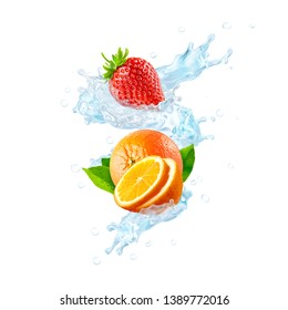 Fresh Cold Pure Flavored Water With Orange, Strawberry, Orange Slices Wave Splash. Clean Infused Water Wave Splash With Citrus Fruit, Strawberry. Healthy Flavored Detox Drink Splash. Clipping Path. 3D