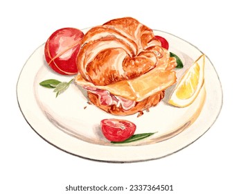 Fresh Croissant Ham and Cheese Sandwich with Tomato Salad - High-Resolution Hand-Drawn Watercolor Illustration - Powered by Shutterstock