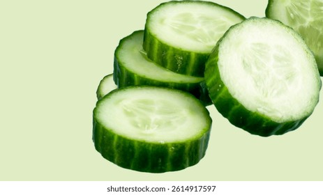 Fresh cucumber slices stacked on a light green background. Ideal for food, health, skincare, diet, or organic lifestyle content.