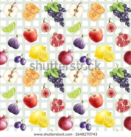 Fresh fruit seamless pattern. Bright fruit mix vintage style watercolor illustration. Hand painted apple, lime, lemon, grapes, fig on checkered background seamless pattern design decor element