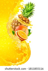 Fresh Fruits, Orange, Pineapple Juice Mix Drink Splash Isolated On Colorful Juice Drops Background, Creative 3D Design Layout Image. Healthy Fruits, Vitamin Food, Beverage Menu Flyer Template Design