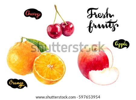 Fresh fruits watercolor illustration. Orange, apple, cherry hand draw isolated on white background.