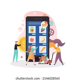 Fresh And Healthy Fruit And Veg Online Market, Illustration. Huge Smartphone With Grocery Shopping App And Micro Characters. Online Farmers Market And Local Food Delivery Concept For Banner Etc