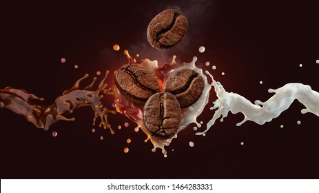 Fresh Hot Aroma Black Coffee, Espresso, Americano 3D Splash With Roasted  Coffee Beans, Fresh Milk Or Cream Splash On Dark Background. Coffee With Milk, Latte, Cappuccino, Mocha Label Design Element