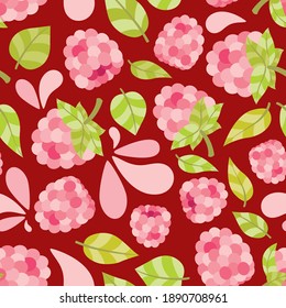 A Fresh And Luscious Seamless Pattern Featuring Raspberries. A  Cute Pattern Design Filled With Sweet, Round And Juicy Berry Fruit, Complete With Leaves And Some Splashes Here And There.
