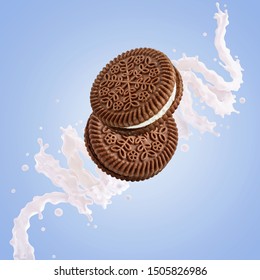 Fresh milk, yogurt, cream 3D splash with chocolate and sweet cream cookies. Traditional chocolate cookies with cream filling, milk, yogurt nutrition composition ad design isolated on blue background - Powered by Shutterstock