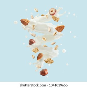 Fresh Milk Or Yogurt Splash Swirl With Cereals, Hazelnuts, Almonds, Cornflakes Isolated. Healthy Breakfast Meal With Milk, Cream, Yogurt, Muesli Spiral. Liquid  Splash Design. Clipping Path 3D Render
