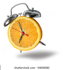Fresh orange fruit alarm clock bouncing and ringing on white background