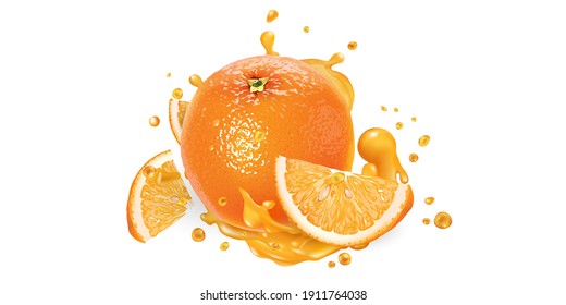 Fresh Orange And A Splash Of Fruit Juice.