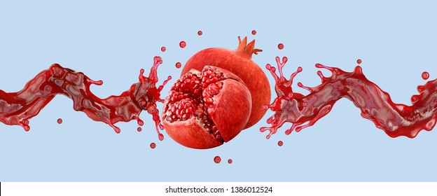 Fresh pomegranate juice splash waves with ripe pomegranate. Organic delicious juice or wine splashing label or sticker design isolated. Fruit advertising package ads design element. Clipping path. 3D