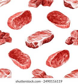 Fresh raw beef steak seamless pattern. Cooking food concept. Hand drawn watercolor illustration isolated on white background - Powered by Shutterstock