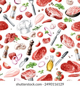 Fresh raw beef steak seamless pattern. Cooking food backdrop. Hand drawn watercolor illustration isolated on white background - Powered by Shutterstock