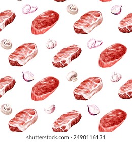 Fresh raw beef steak seamless pattern. Cooking food concepts. Hand drawn watercolor illustration isolated on white background - Powered by Shutterstock