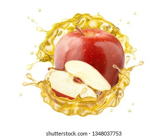 Fresh ripe apple, apple slice and juice or cider vinegar splash swirl. Fruit drink liquid design element. Tasty red apple fruit juice splashing isolated, healthy diet concept. Clipping path. 3D render - Powered by Shutterstock