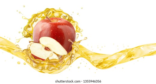Fresh ripe apple, apple slice and juice or cider vinegar splash wave. Fruit healthy drink liquid design element. Tasty red apple fruit juice splashing isolated, detox concept. Clipping path. 3D render