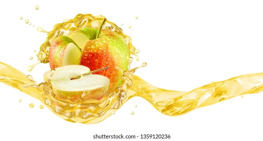 Fresh ripe apple, apple slice and juice or cider vinegar splash wave. Fruit drink liquid design element. Tasty apples fruit juice splashing isolated, healthy detox diet concept. Clipping path. 3D