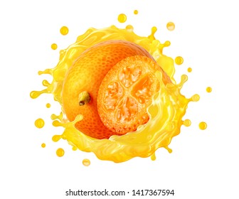 Fresh ripe kumquat and kumquat or kinkan juice 3D splash wave. Healthy food or tropical fruit drink liquid ad label design elements. Tasty smoothie splash isolated, healthy diet concept. Clipping path