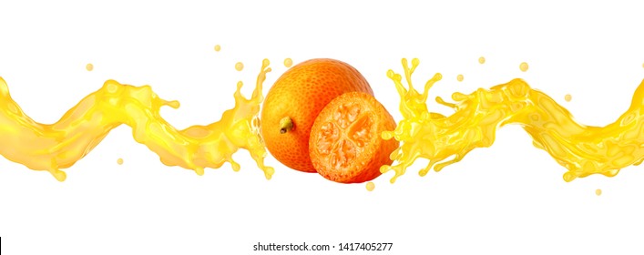 Fresh ripe kumquat and kumquat or kinkan juice 3D splash wave. Healthy food or tropical fruit drink liquid ad label design elements. Tasty smoothie splash isolated, healthy diet concept. Clipping path