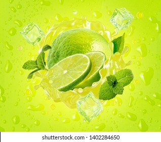 Fresh ripe lime, lime slice, mint, ice and juice splash wave on drops background. Tropical juicy lime fruit juice ice drink splashing label for juice, mojito cocktail, smoothie ad. Clipping path. 3D