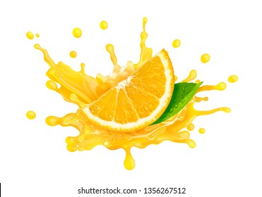 Fresh Ripe Orange Slice And Orange Juice Or Smoothie Splash. Tasty Juice Splashing For Orange Juice Ad Label Or Sticker. Liquid Healthy Food Or Drink Tropical Fruit Design Element. Clipping Path. 3D