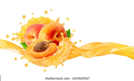 Fresh ripe peaches or apricots, peach juice 3D splash wave. Healthy food or fruit drink liquid ad label design elements. Tasty peach or apricots fruits vitamin smoothie splash isolated. Clipping path