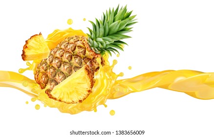 Fresh Ripe Pineapple, Slice And Pineapple Juice Splash Wave. Healthy Food Or Tropical Fruit Drink Liquid Ad Label Design. Tasty Smoothie Splash Isolated, Healthy Diet Concept. Clipping Path. 3D Render