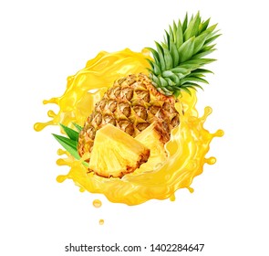 Fresh Ripe Pineapple, Slice And Pineapple Juice Splash Wave. Healthy Food Or Tropical Fruit Drink Liquid Ad Label Design. Tasty Smoothie Splash Isolated, Healthy Diet Concept. Clipping Path. 3D Render