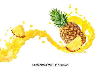 Fresh Ripe Pineapple, Slice And Pineapple Juice 3D Splash Wave. Healthy Food Or Tropical Fruit Drink Liquid Ad Label Design. Tasty Pineapple Juice Or Smoothie Splash Isolated, Vitamin Cocktail Concept