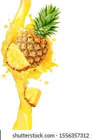 Fresh Ripe Pineapple, Slice And Pineapple Juice 3D Splash Wave. Healthy Food Or Tropical Fruit Drink Liquid Ad Cover. Tasty Pineapple Juice, Smoothie Splash Isolated, Vertical Template Banner Design